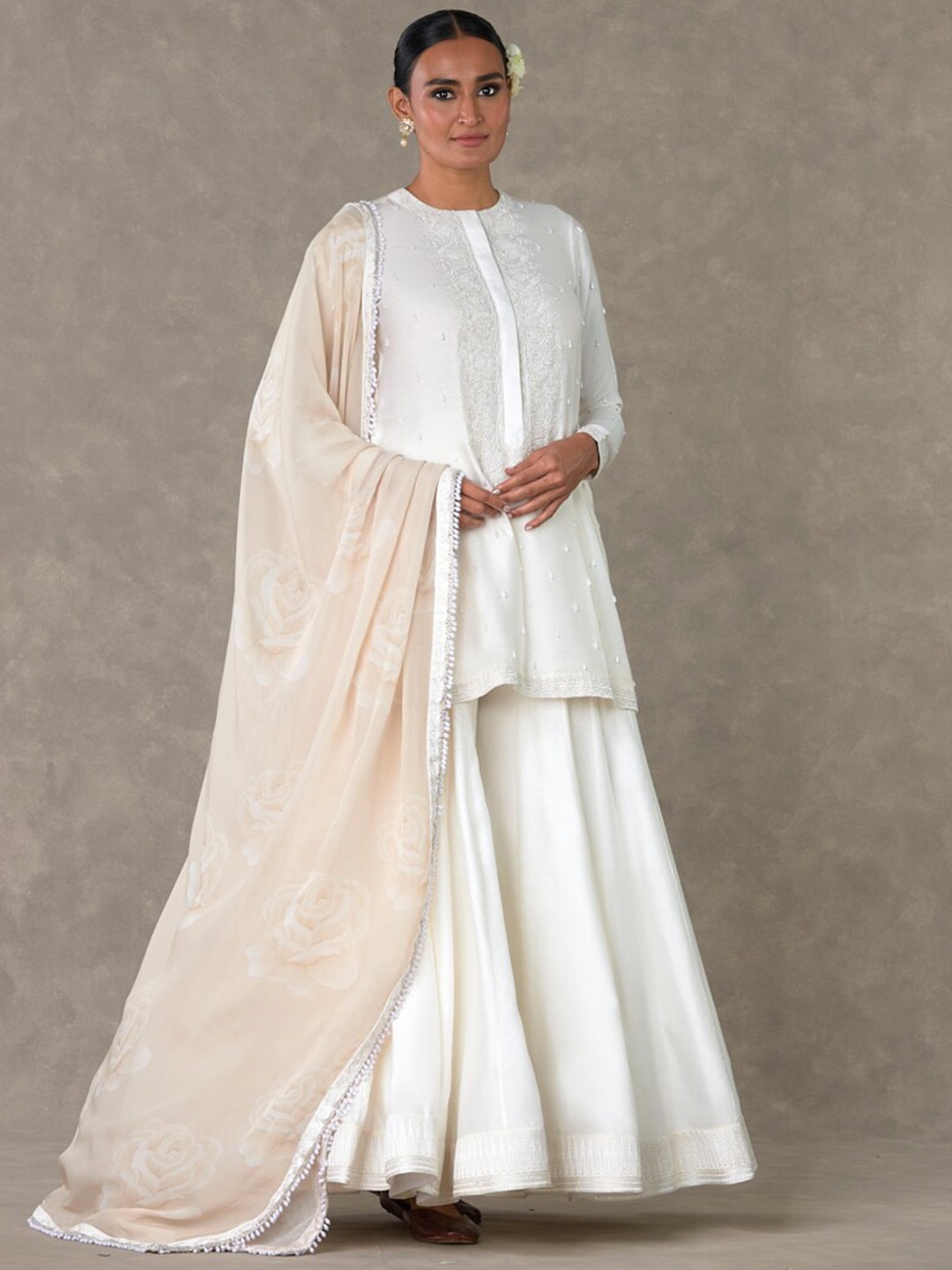 

Masaba Embroidered Thread Work Kurta With Sharara & Dupatta, White