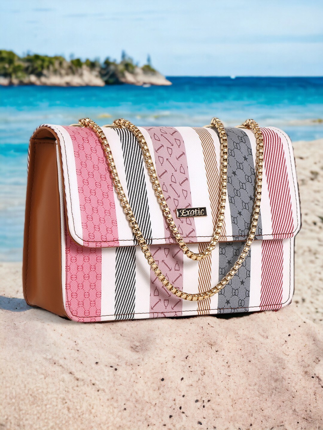 

Exotic Striped Swagger Sling Bag, Tan