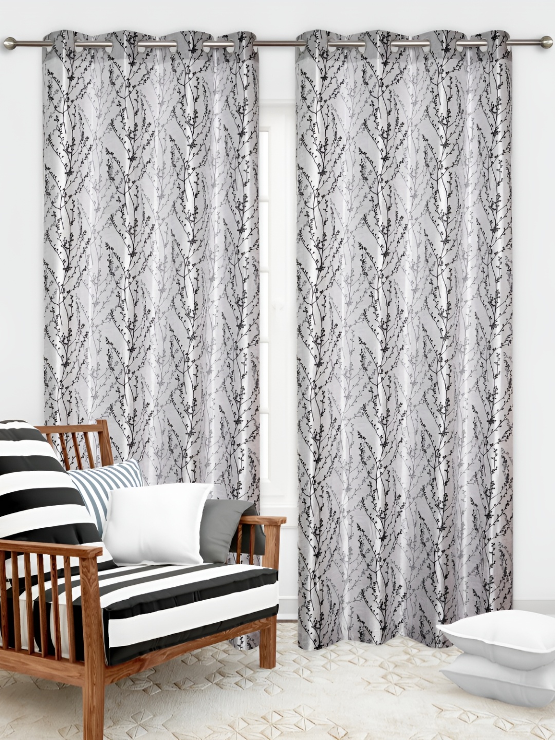

REYANSH DECOR Grey & Back 2 Pcs Floral Door Curtain
