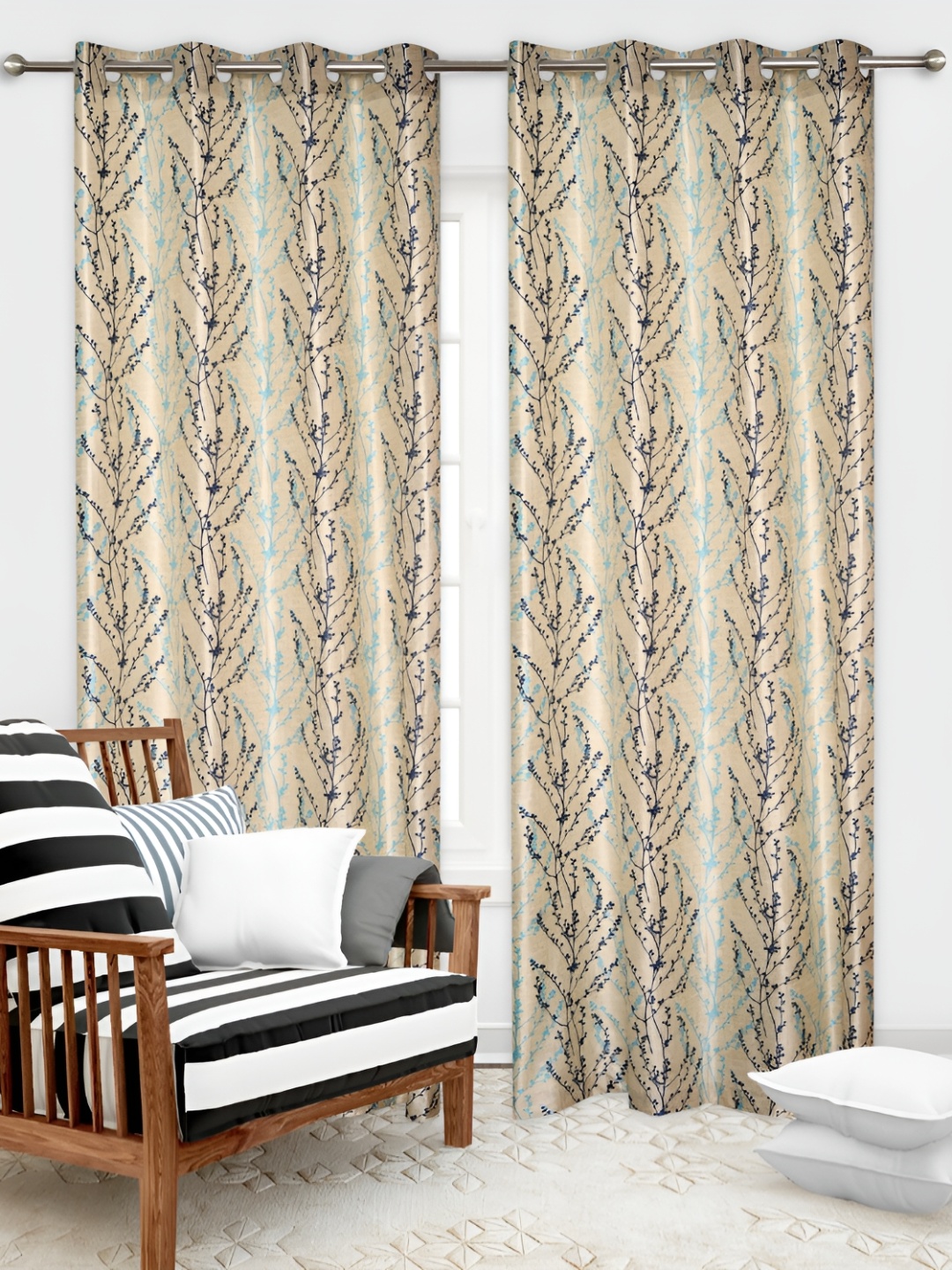 

REYANSH DECOR Blue & Beige 2 Pcs Floral Window Curtain