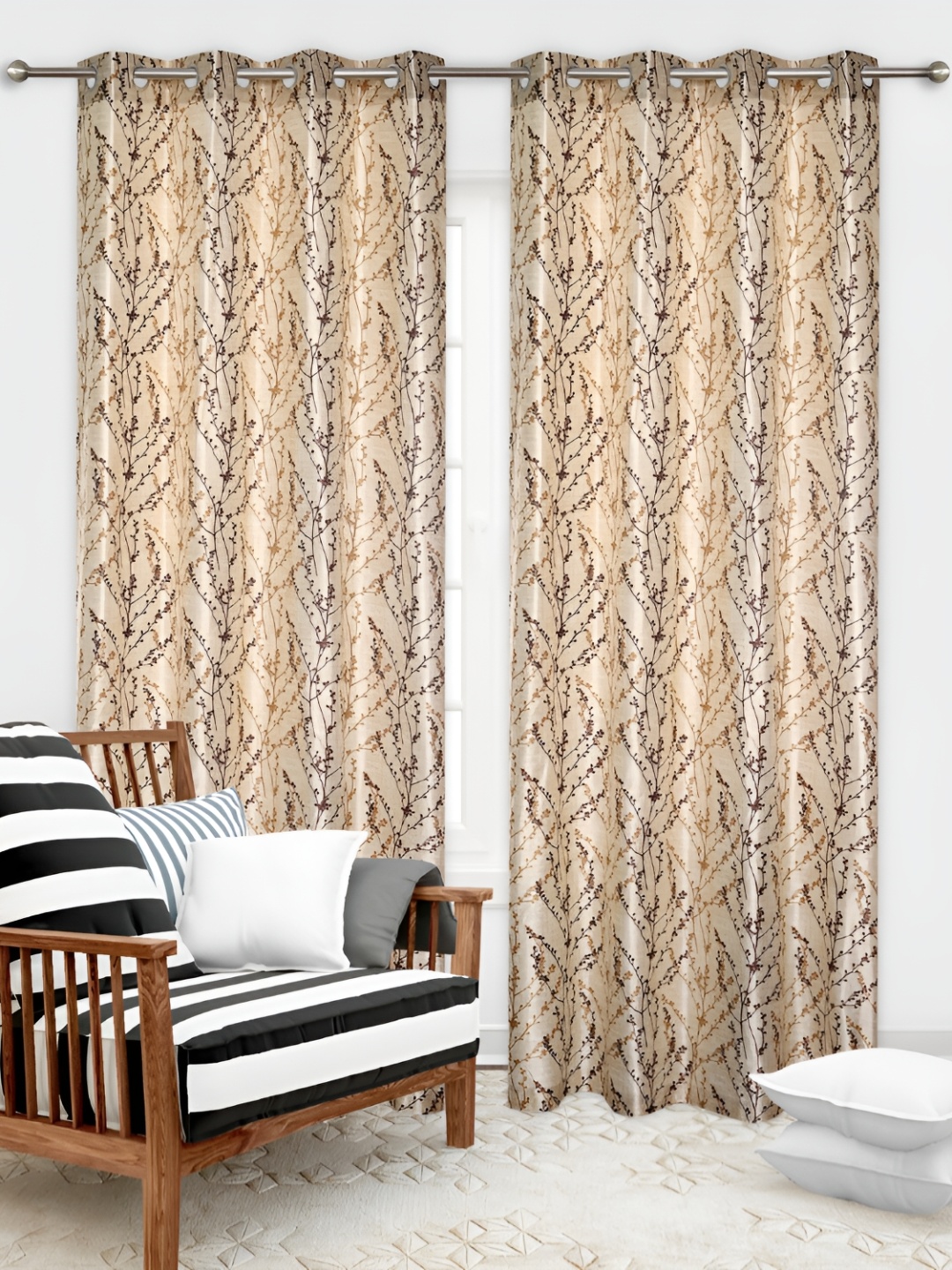 

REYANSH DECOR Brown & Beige 2 Pcs Floral Window Curtain
