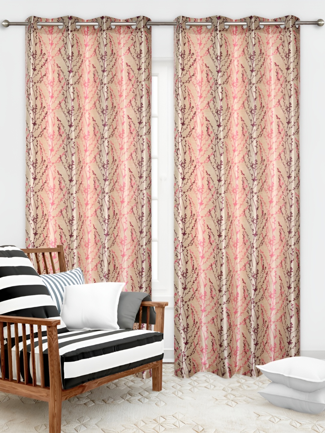 REYANSH DECOR Magenta & Beige 2 Pcs Floral Window Curtain