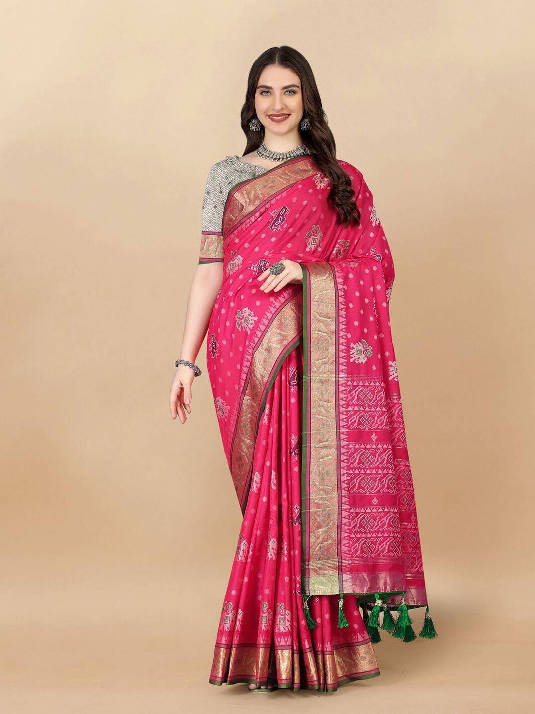 

KAPADIYA FAB Ethnic Motifs Woven Design Zari Pure Silk Designer Patola Saree, Pink