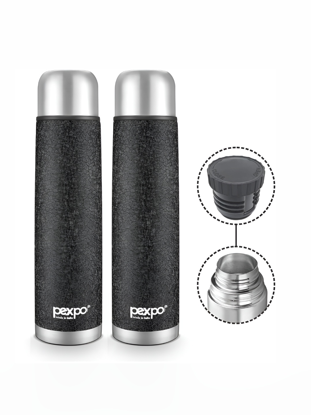 

Pexpo Flexo Black 2 Pcs ISI Certified Thermosteel Hot & Cold Insulated Water Bottle 1L