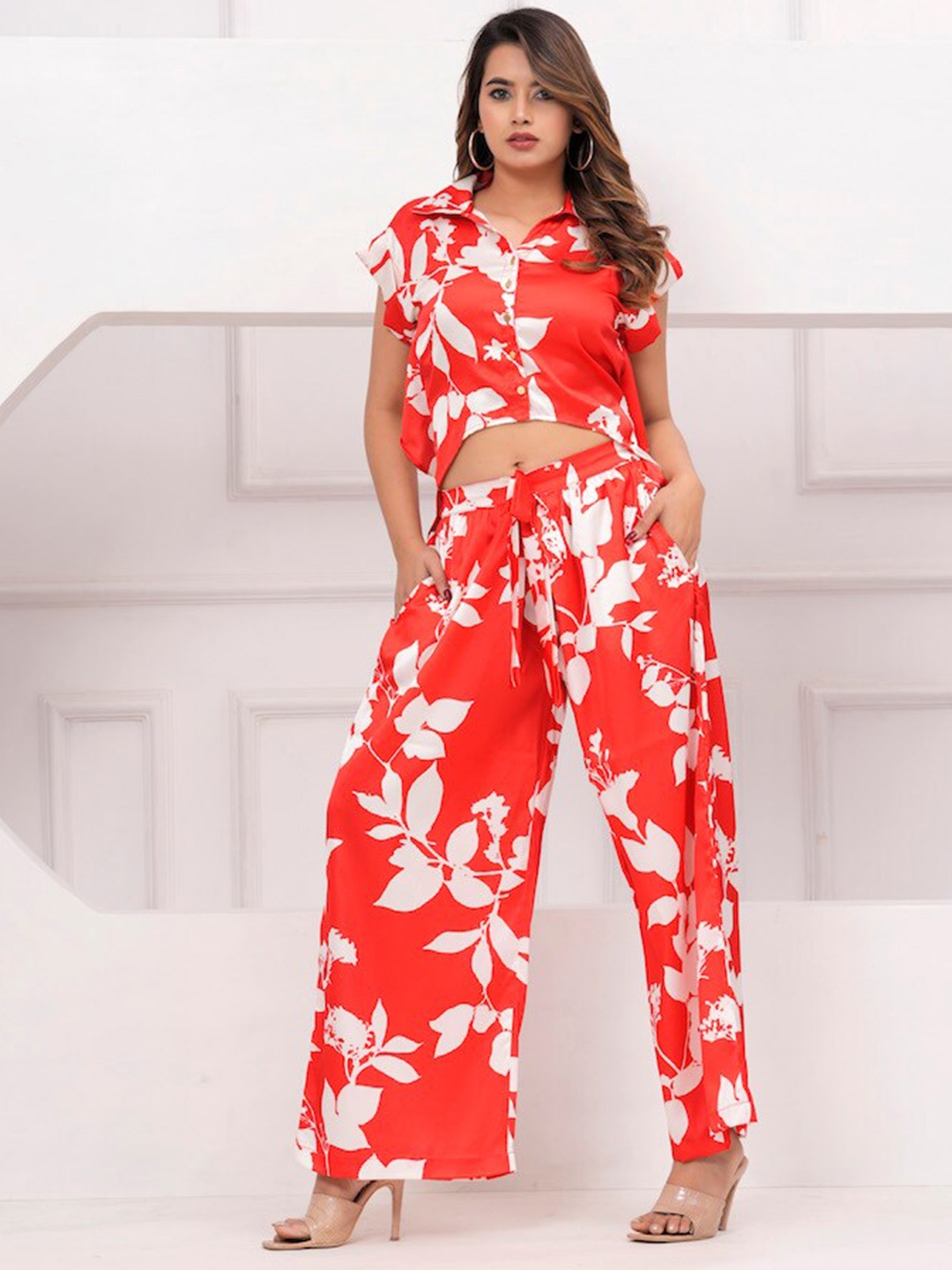 

Hatheli Printed Shirt & Palazzo Co-Ord Set, Red