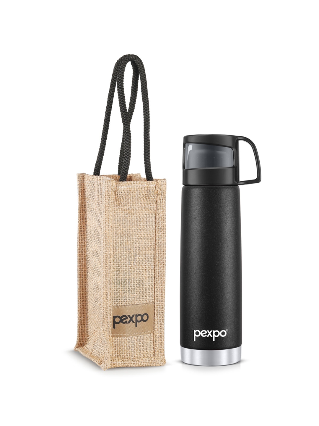 

Pexpo Black & White Triply Wall Vacuum Flask Water Bottle With Jute Bag 500 ml