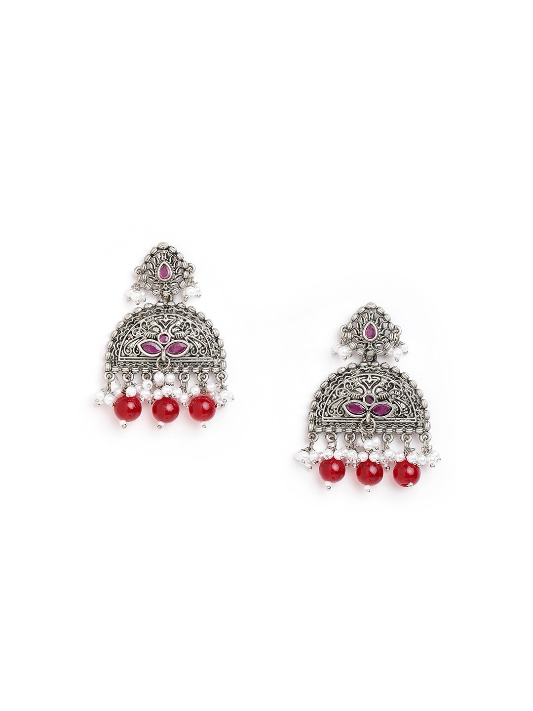 

Anouk Brass-Plated Stone-Studded & Beaded Oxidised Floral Drop Earrings, Silver