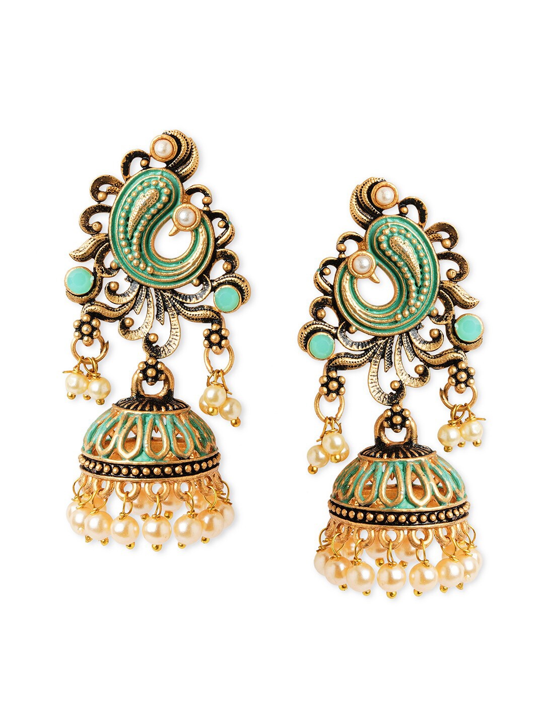 

Anouk Brass-Plated Stone-Studded & Beaded Peacock Shaped Jhumkas, Gold