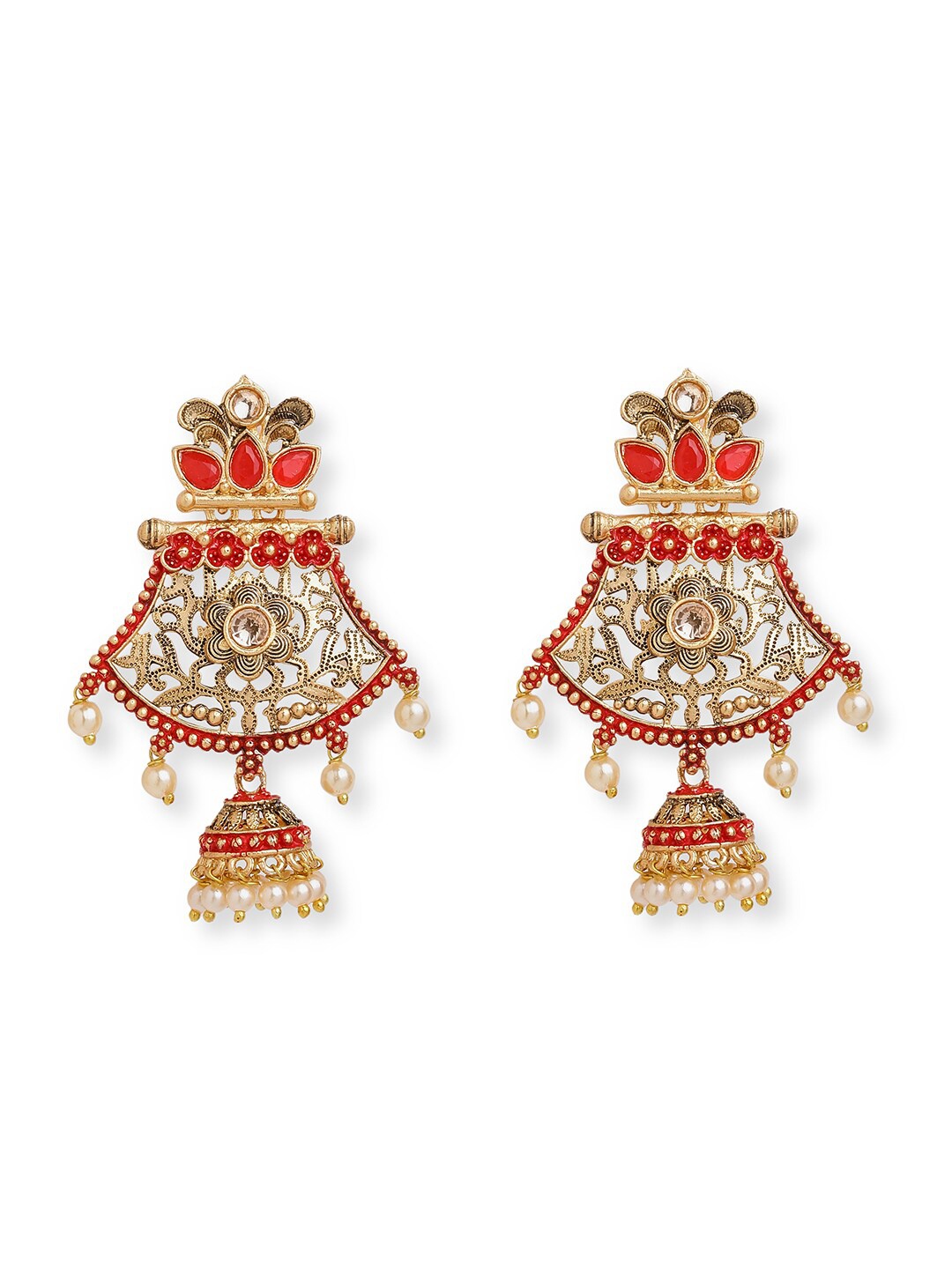 

Anouk White Brass-Plated Stone Studded & Beaded Floral Jhumkas, Gold