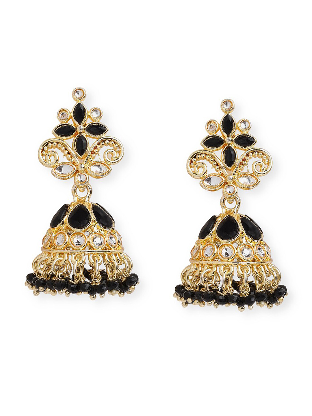 

Anouk Black Brass-Plated Stone Studded & Beaded Floral Jhumkas, Gold
