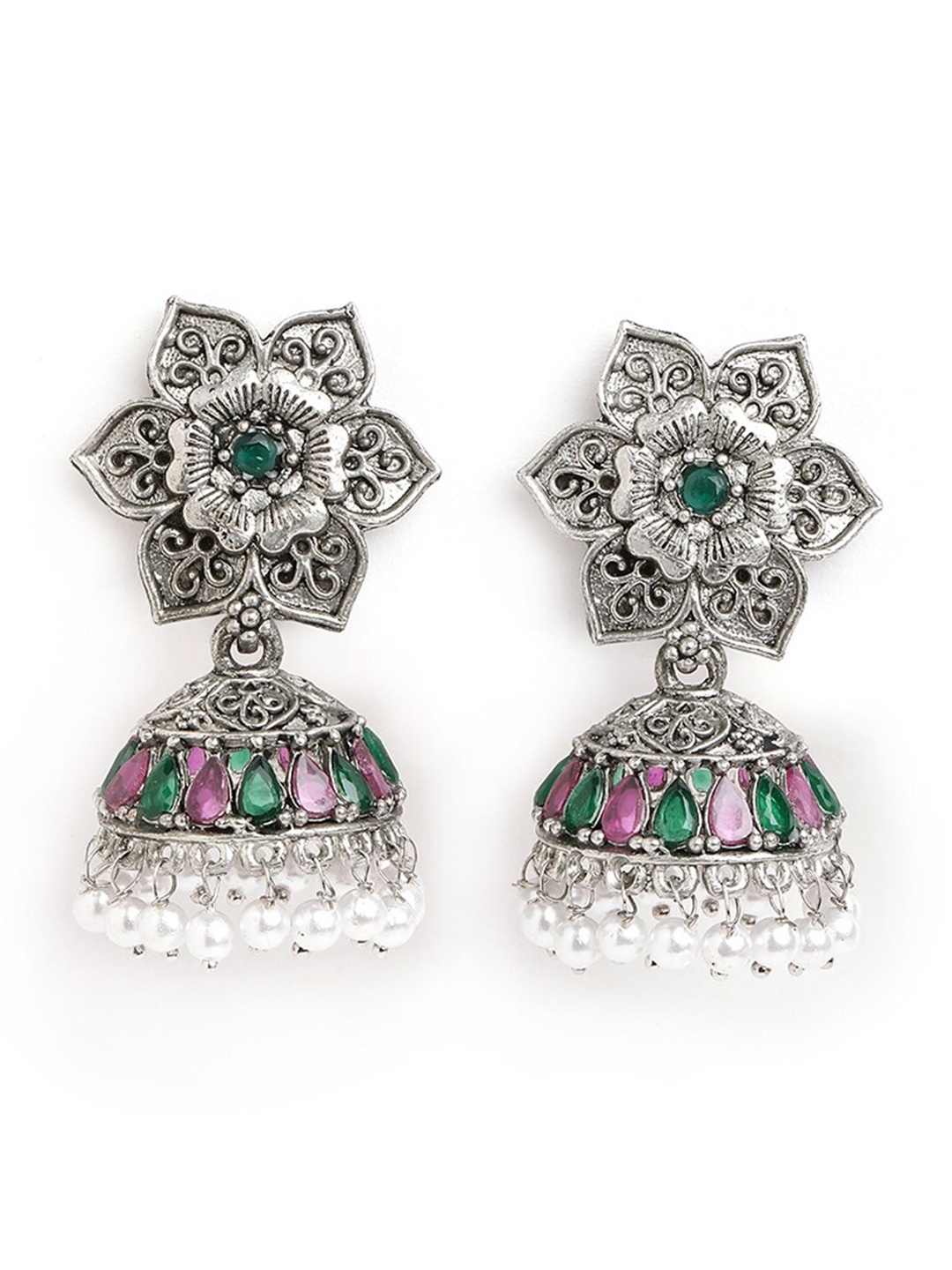 

Anouk Brass-Plated Floral Beaded Jhumkas, Silver