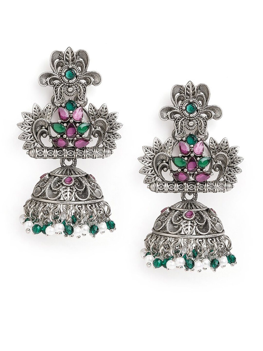 

Anouk Brass-Plated Floral Beaded Jhumkas, Silver