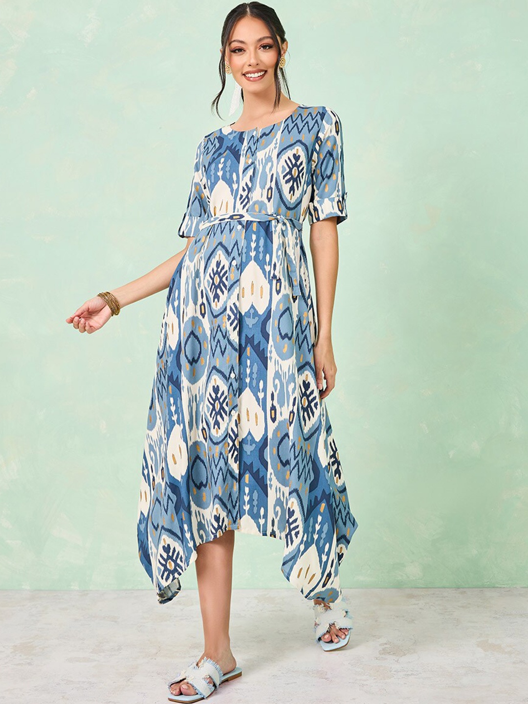 

Styli Navy Blue Ethnic Motifs Ikat Printed A-Line Midi Ethnic Dress