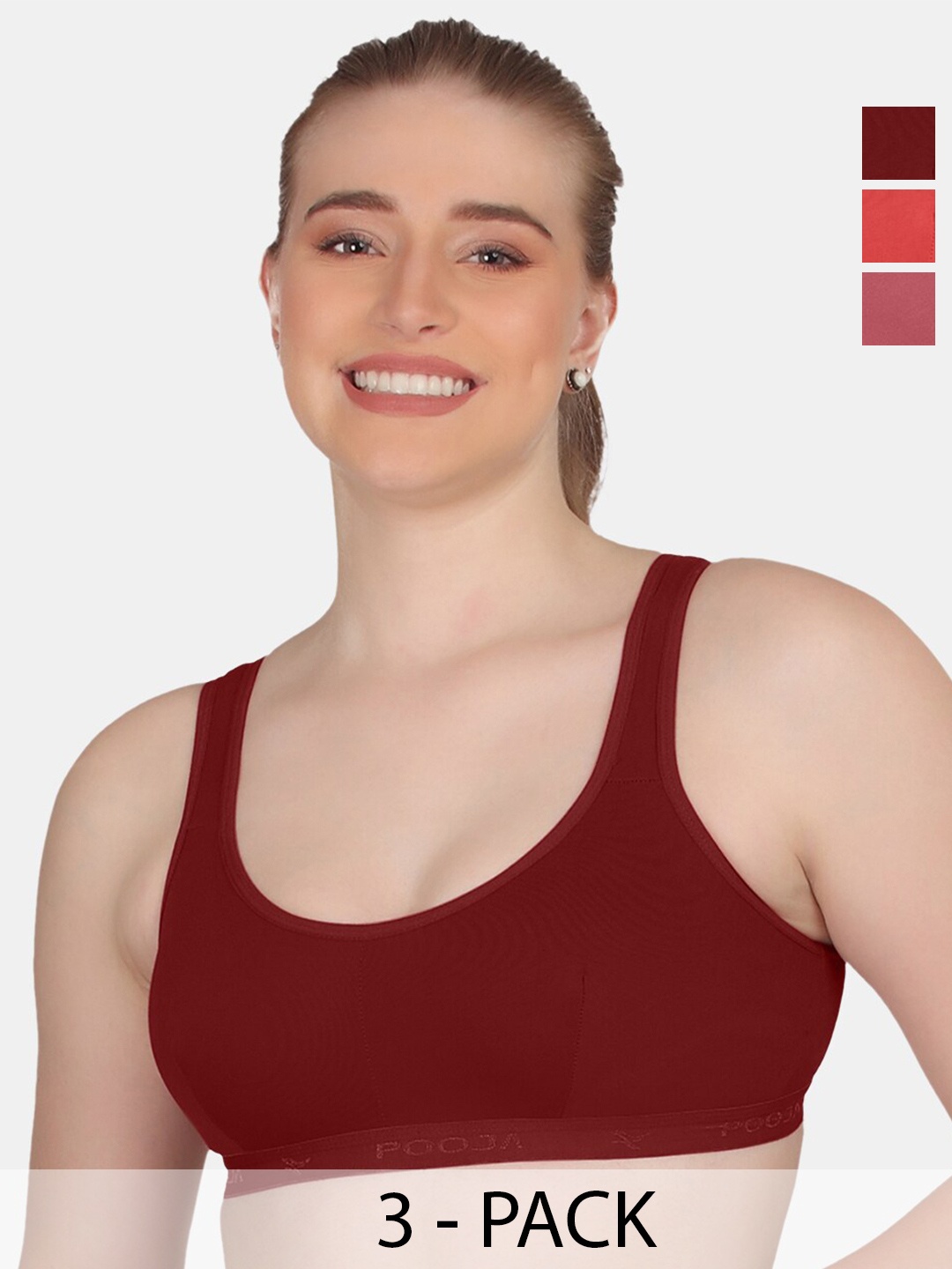

POOJA RAGENEE Plus Size Pack Of 3 Non Padded Cotton T-Shirt Bras With All Day Comfort, Maroon