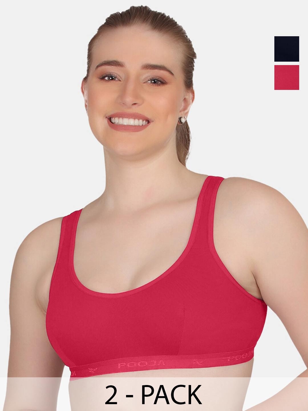 

POOJA RAGENEE Plus Size Pack Of 2 Non Padded Cotton T-Shirt Bras With All Day Comfort, Navy blue