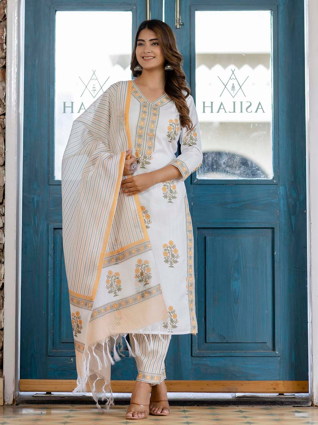 

KALINI Floral Printed V-Neck Kurta with Trousers & Dupatta, White