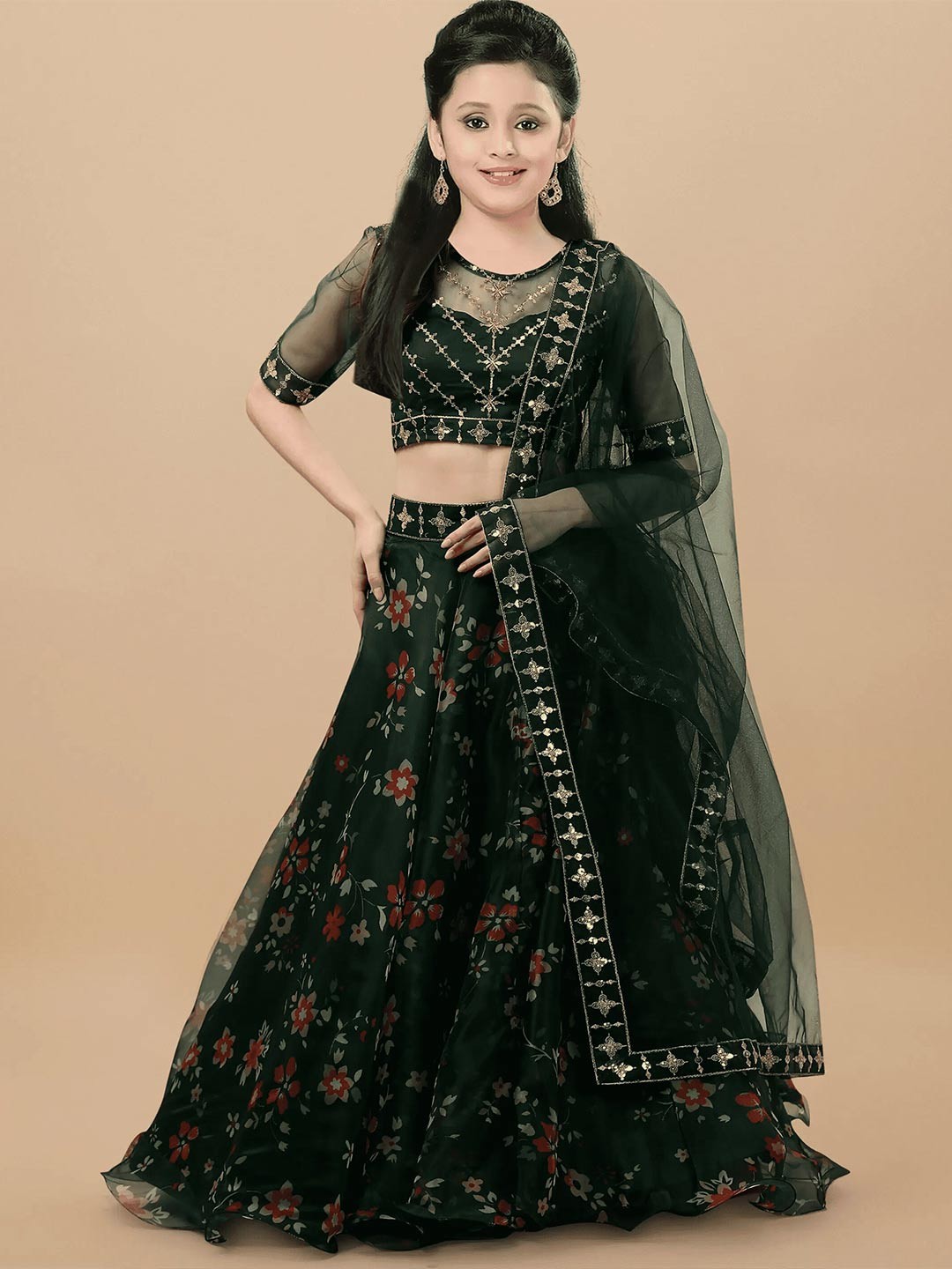 

BAESD Girls Semi-Stitched Lehenga & Unstitched Blouse With Dupatta, Green