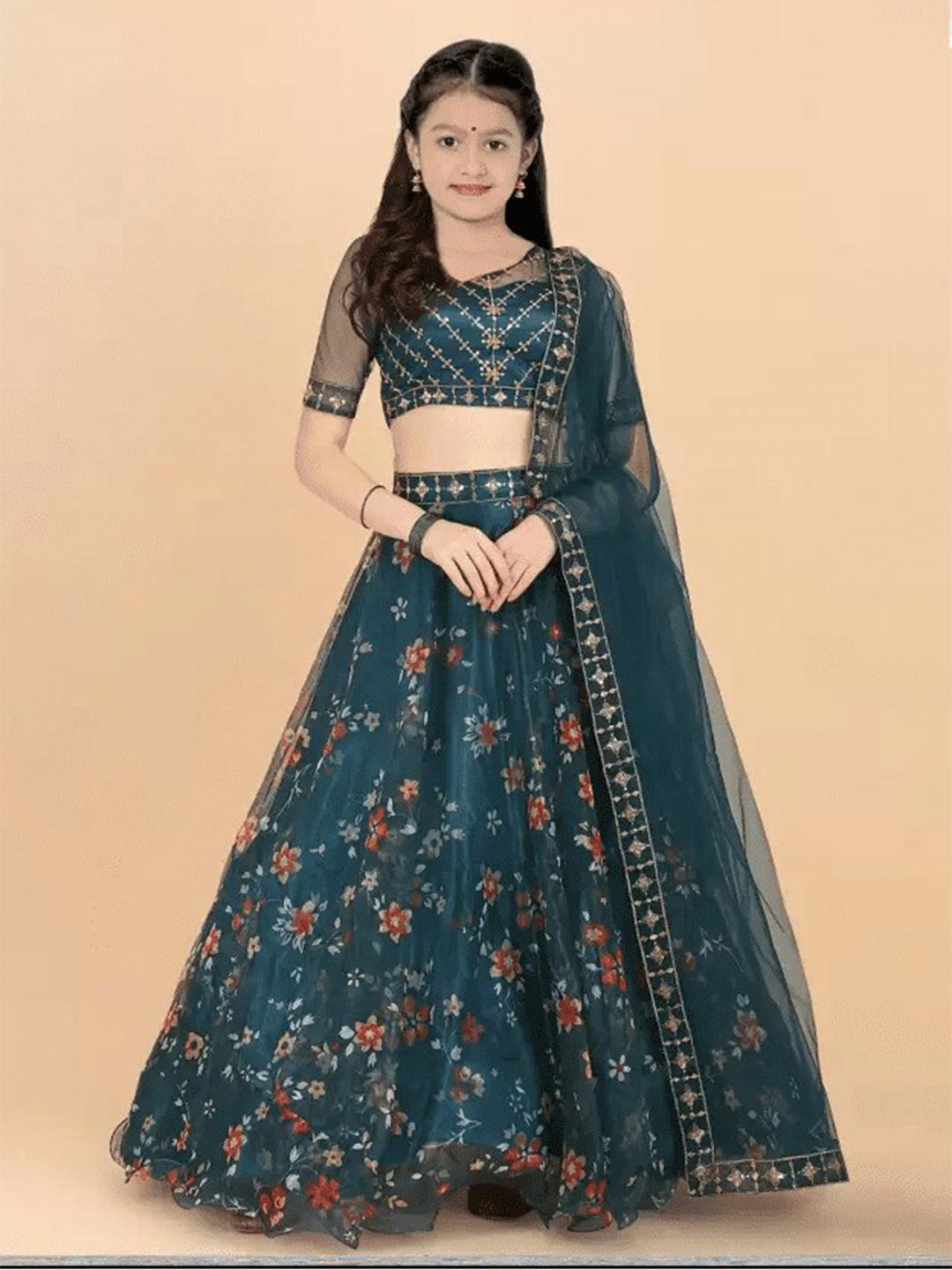 

BAESD Girls Semi-Stitched Lehenga & Unstitched Blouse With Dupatta, Green