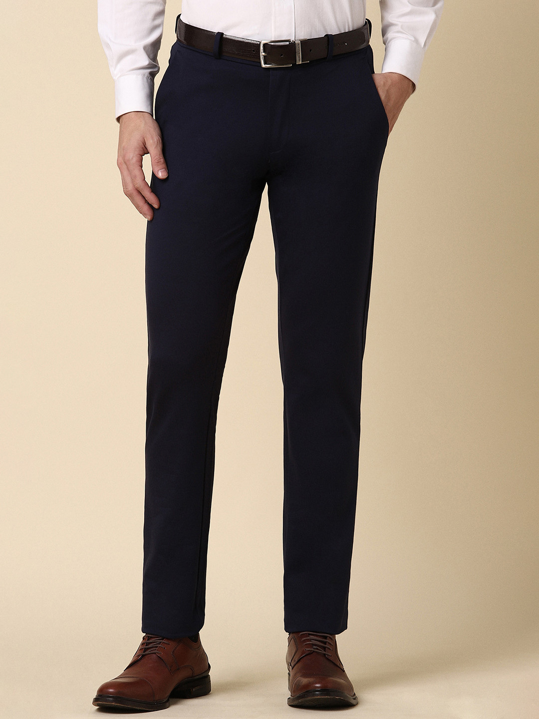 

Allen Solly Men Cotton Mid-Rise Slim Fit Formal Trouser, Navy blue