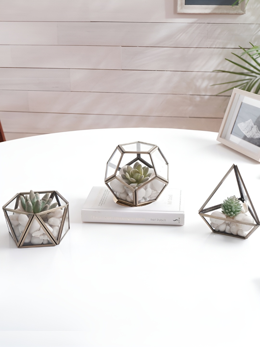 

BEHOMA Set of 3 Antique Brass Terrarium Glass Planters, Transparent