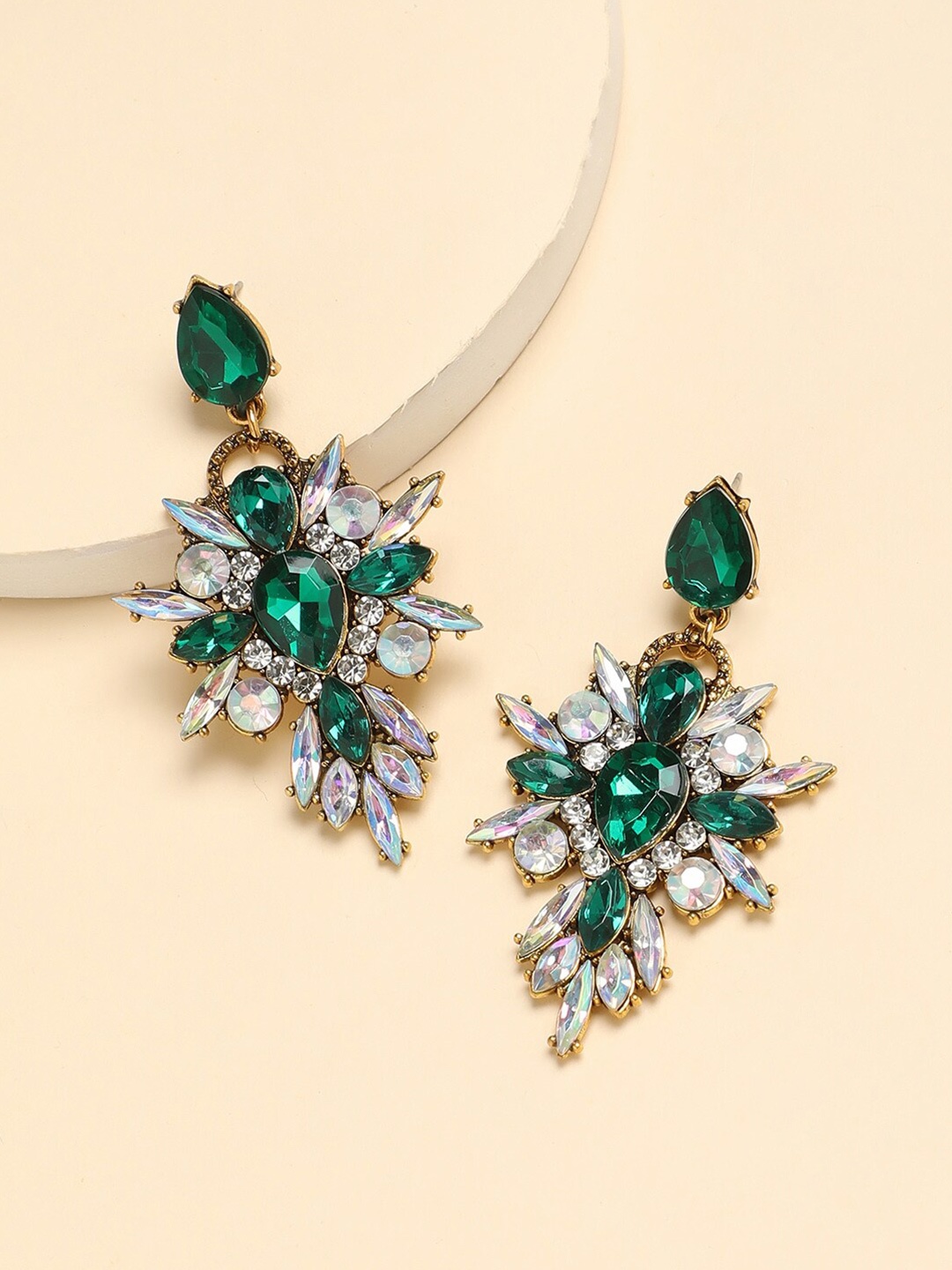

DressBerry Gold-Plated Crystals Studded Drop Earrings, Green