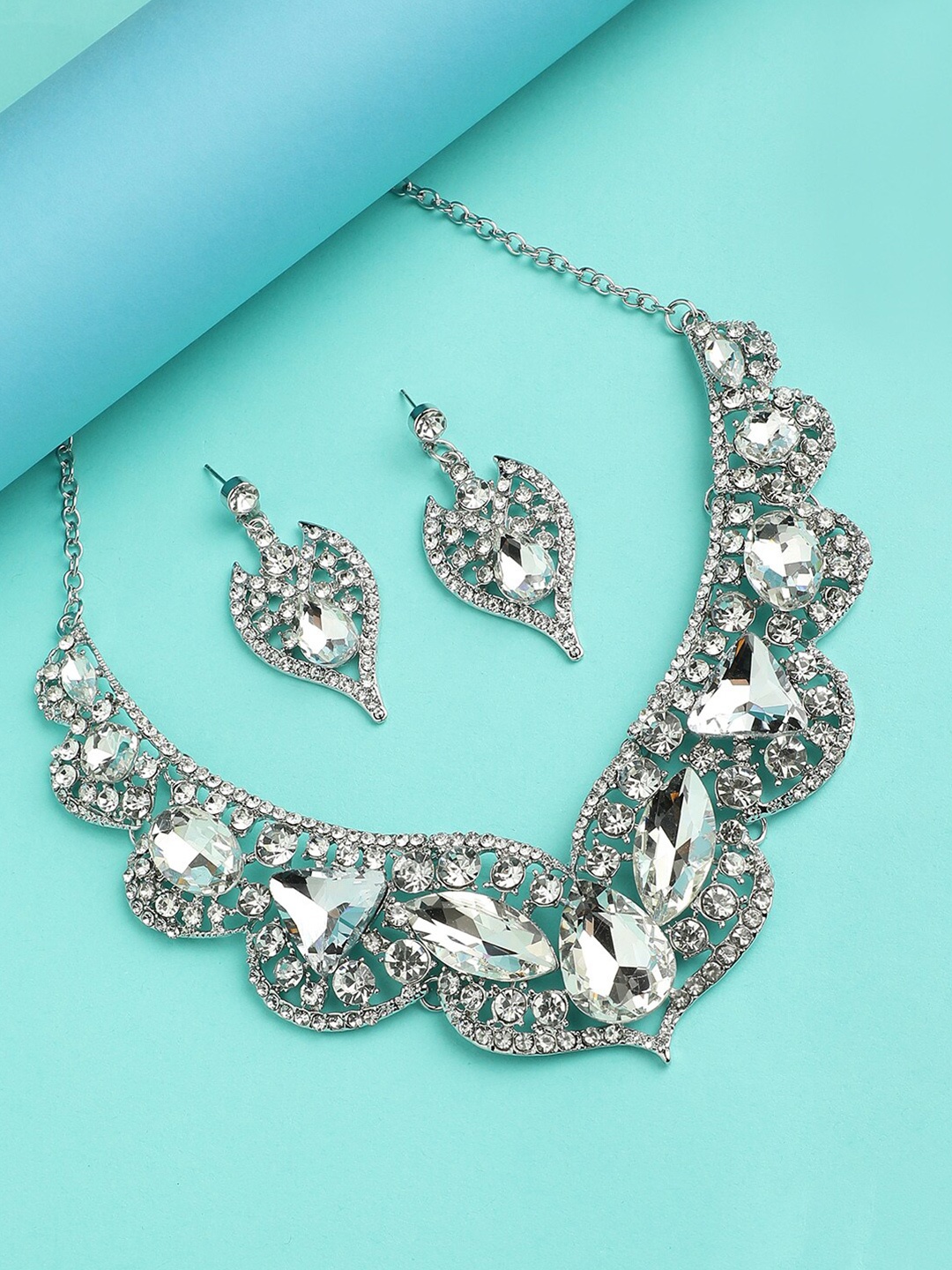 

DressBerry Silver-Plated White Stone Studded Jewellery Set