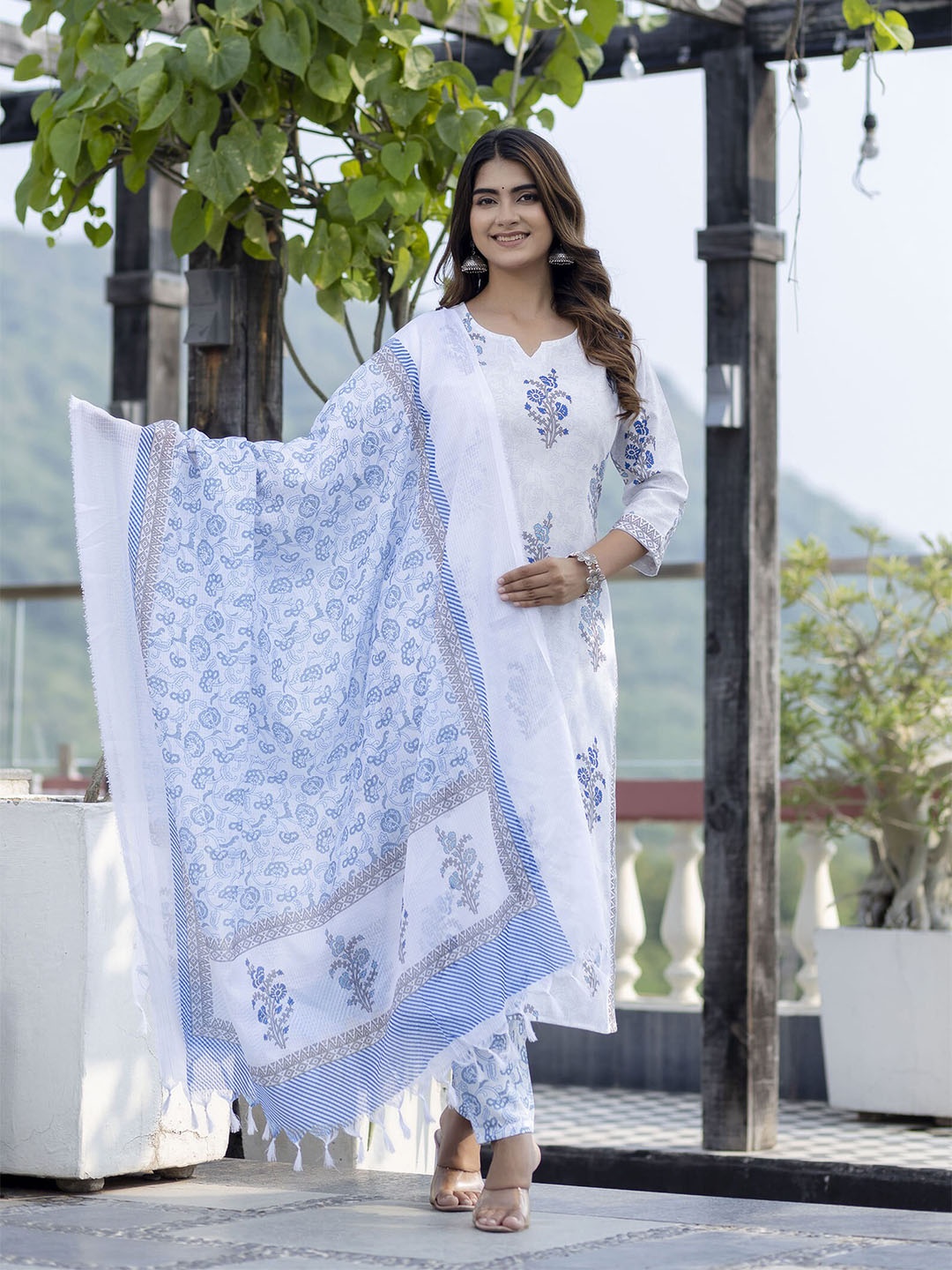 

KALINI Ethnic Motifs Printed Round Neck Straight Kurta with Trousers & Dupatta, White