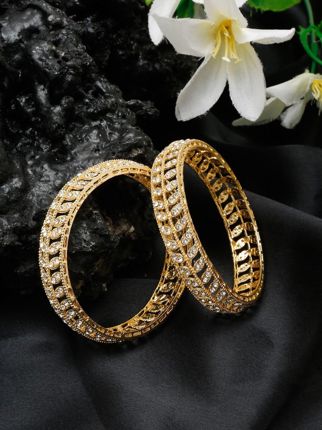 

YouBella Set of 2 Gold-Plated Stones Studded Floral Design Bangles
