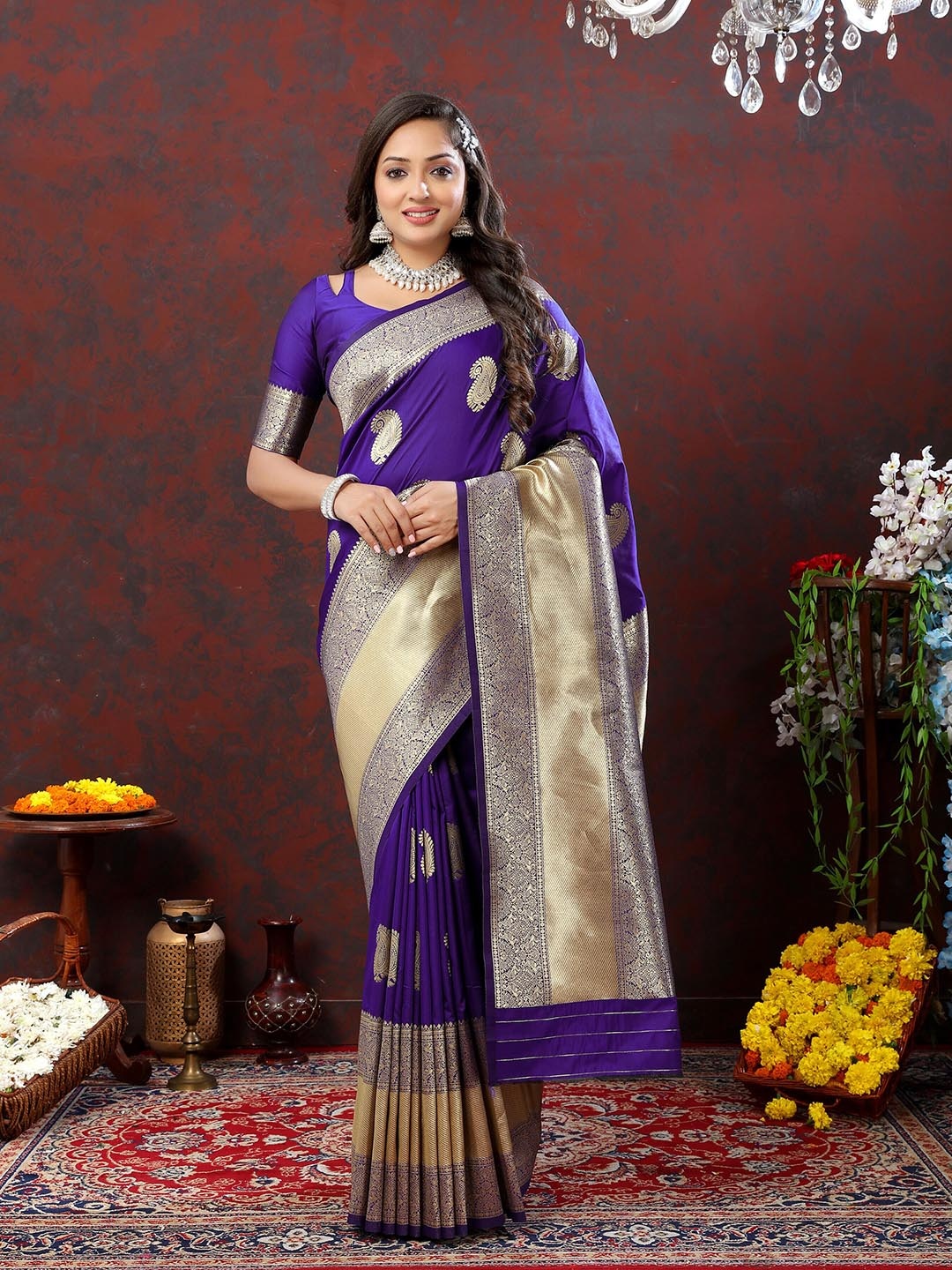 

ZIBLON Woven Design Ethnic Motifs Zari Kanjeevaram Saree, Purple