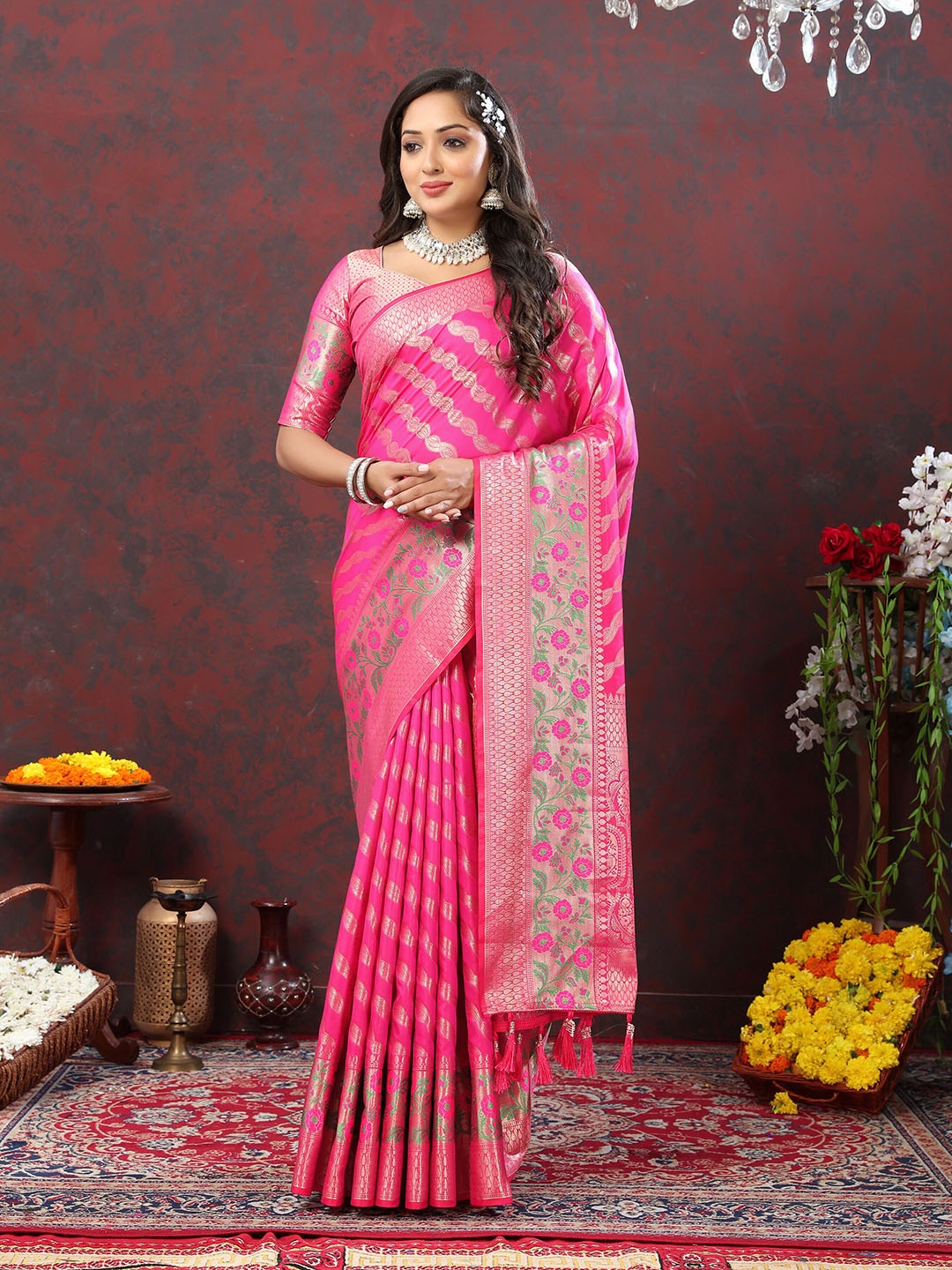 

ZIBLON Woven Design Ethnic Motifs Zari Kanjeevaram Saree, Pink