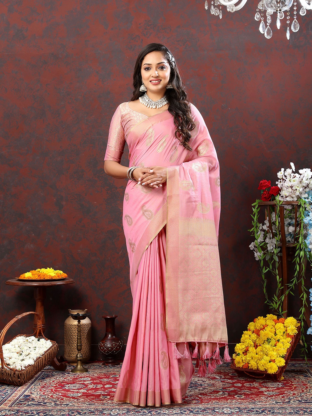 

ZIBLON Woven Design Ethnic Motifs Zari Kanjeevaram Saree, Pink