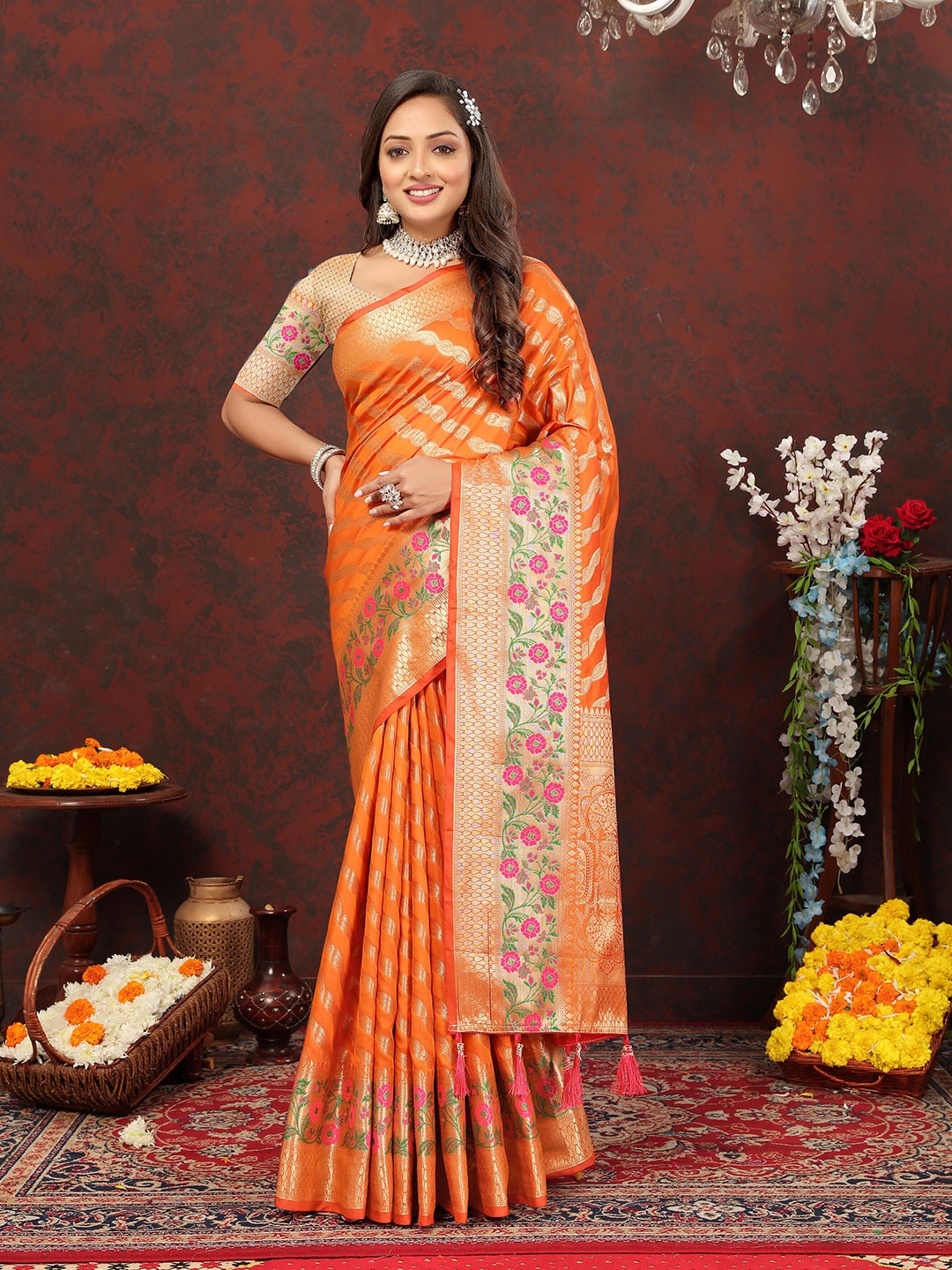 

ZIBLON Ethnic Motifs Woven Design Zari Art Silk Kanjeevaram Saree, Orange