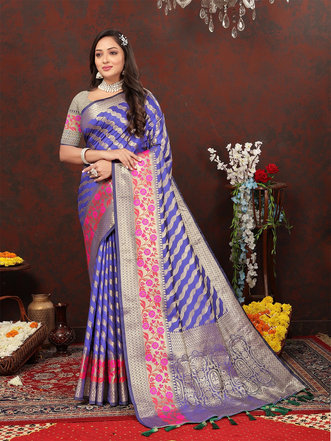

ZIBLON Ethnic Motifs Woven Design Zari Art Silk Kanjeevaram Saree, Blue