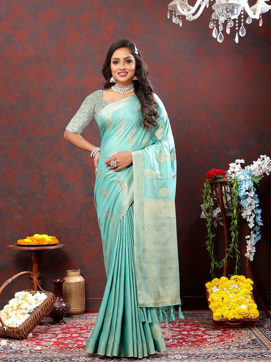 

ZIBLON Ethnic Motifs Woven Design Zari Art Silk Kanjeevaram Saree, Blue