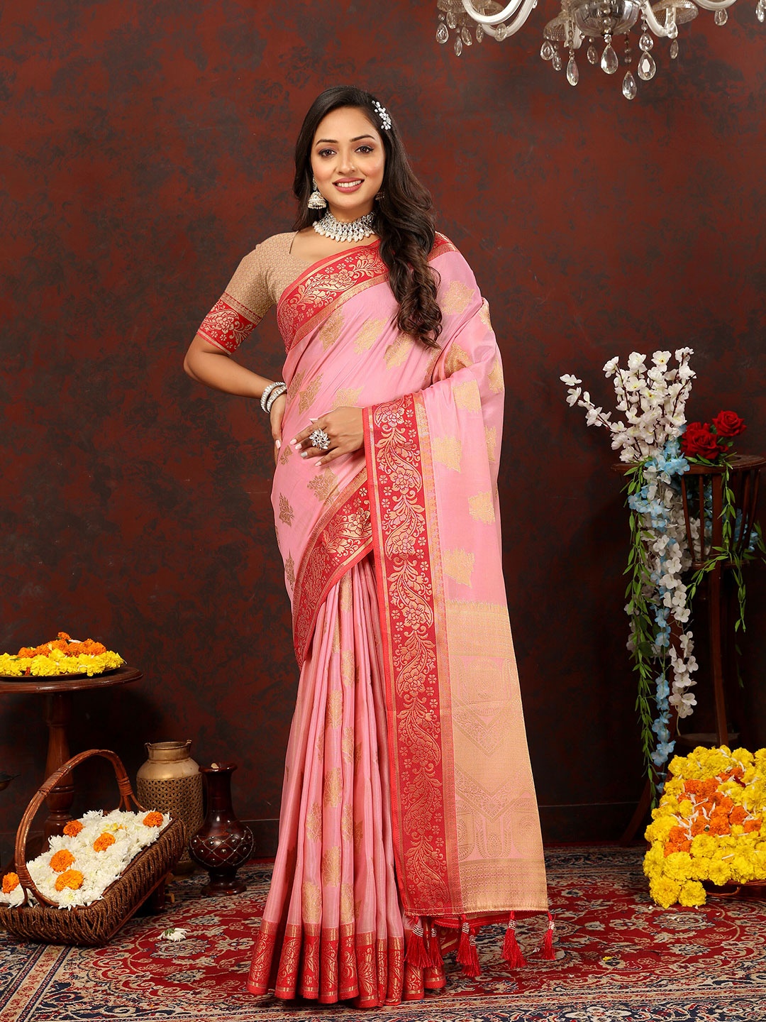 

ZIBLON Ethnic Motifs Woven Design Zari Art Silk Kanjeevaram Saree, Pink