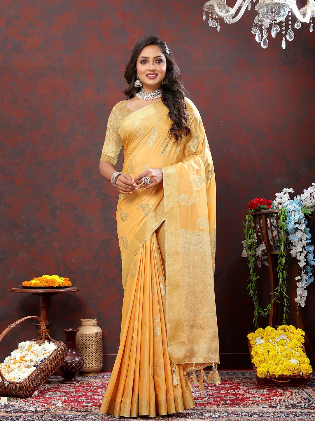 

ZIBLON Ethnic Motifs Woven Design Zari Art Silk Kanjeevaram Saree, Yellow