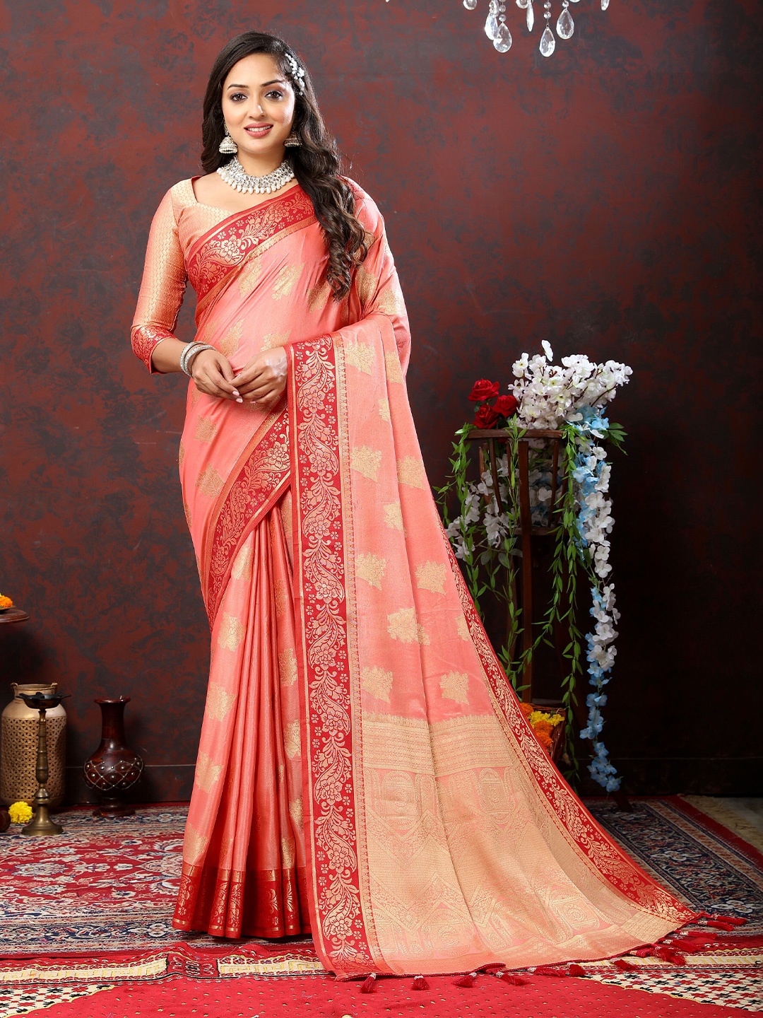 

ZIBLON Ethnic Motifs Woven Design Zari Art Silk Kanjeevaram Saree, Peach