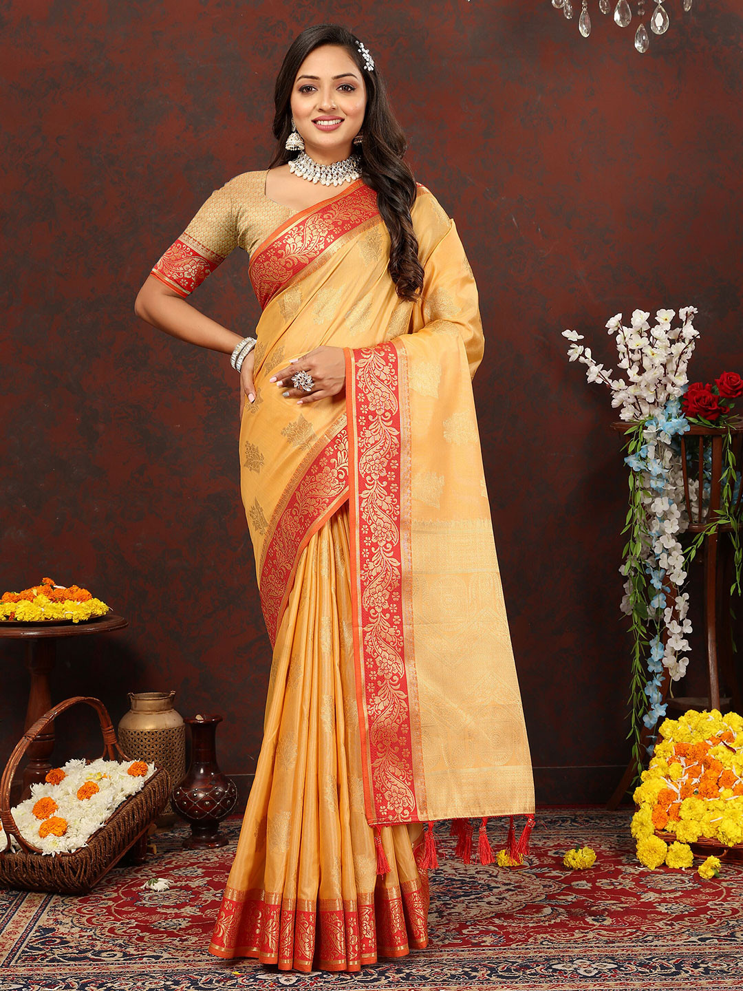 

ZIBLON Ethnic Motifs Woven Design Zari Art Silk Kanjeevaram Saree, Yellow