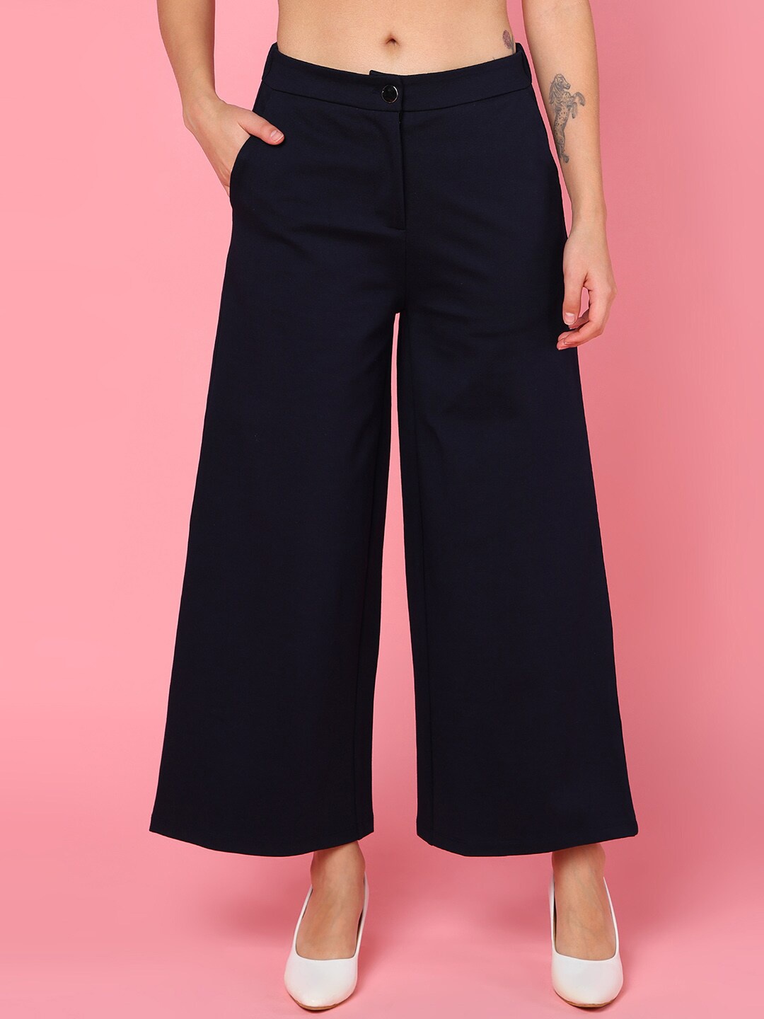 

Mast & Harbour Women Flared Parallel Trousers, Navy blue