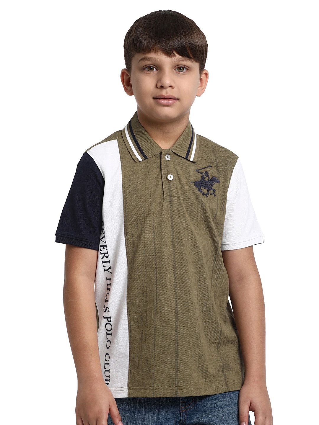 

Beverly Hills Polo Club Boys Colourblocked Polo Collar Short Sleeves Pure Cotton T-shirt, White