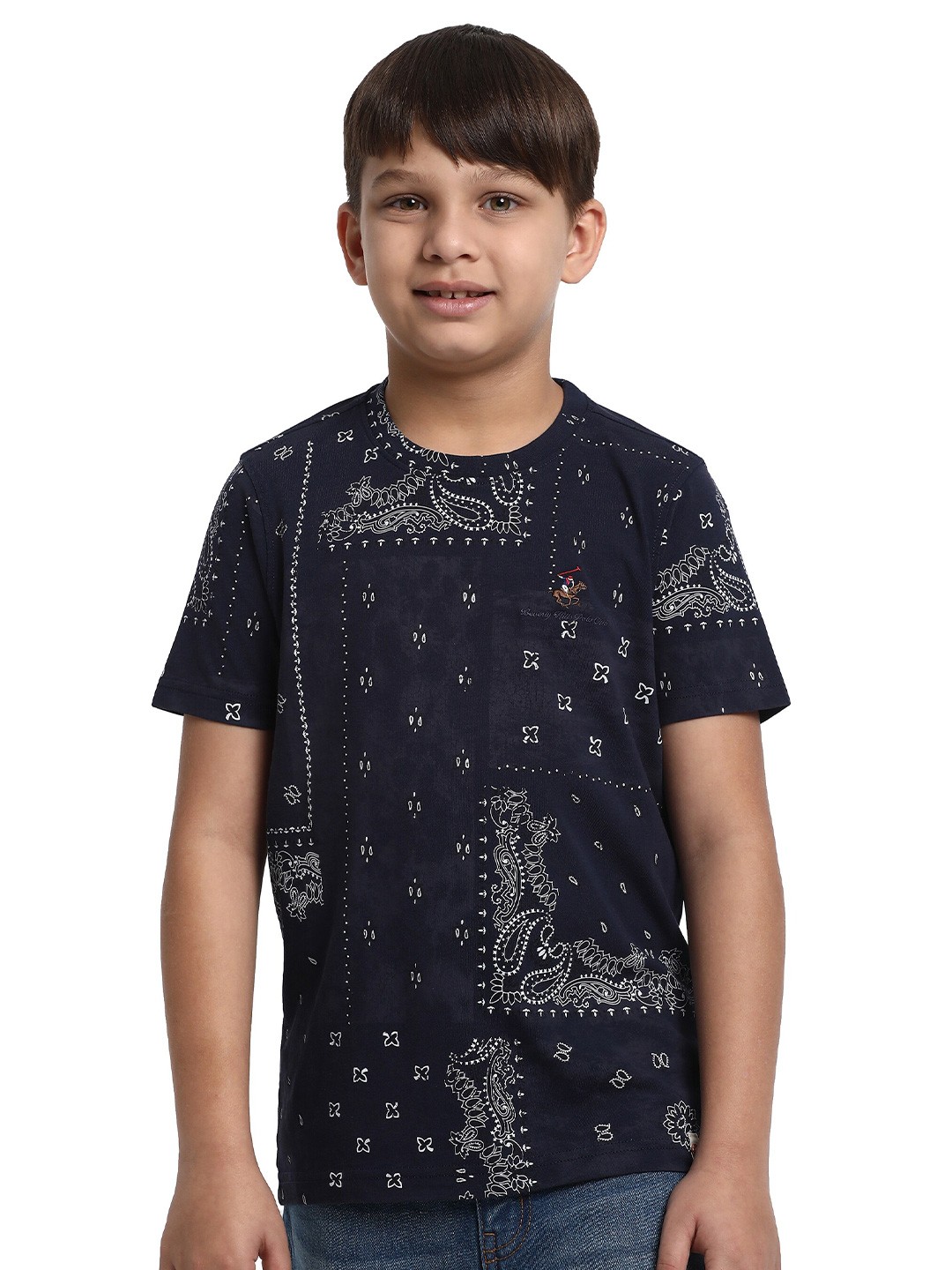 

Beverly Hills Polo Club Boys Ethnic Print Round Neck Short Sleeves Pure Cotton T-shirt, Blue