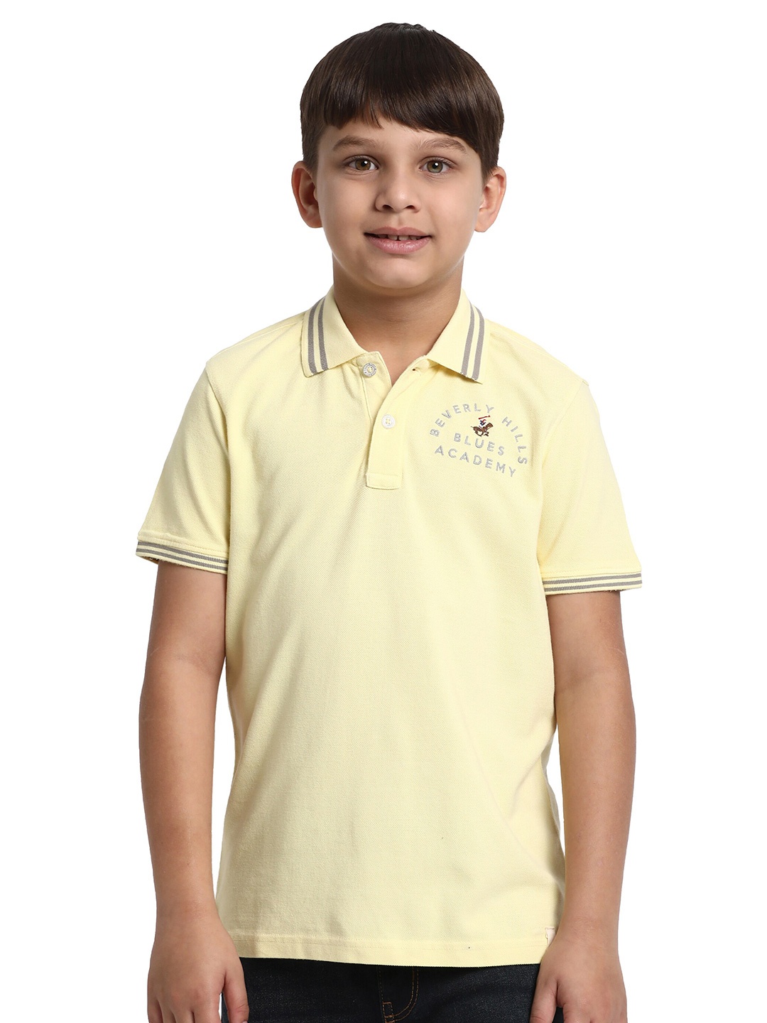 

Beverly Hills Polo Club Boys Typography Polo Collar Short Sleeves Pure Cotton T-shirt, Yellow