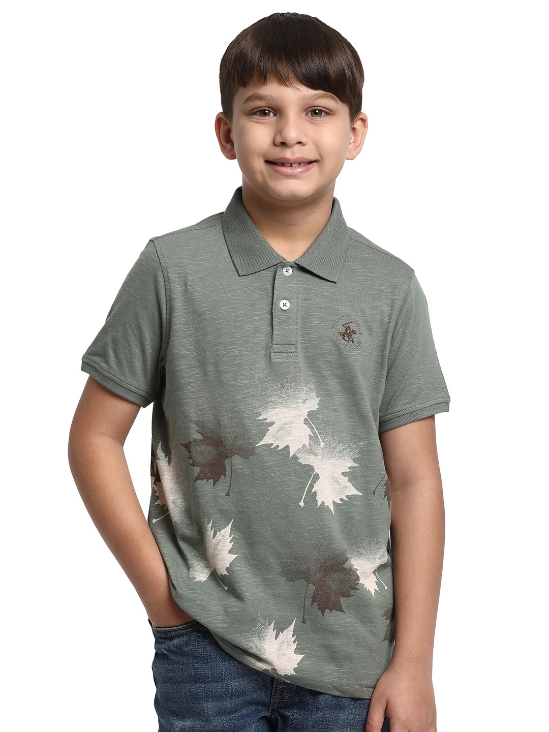 

Beverly Hills Polo Club Boys Tropical Polo Collar Short Sleeves Pure Cotton T-shirt, Green