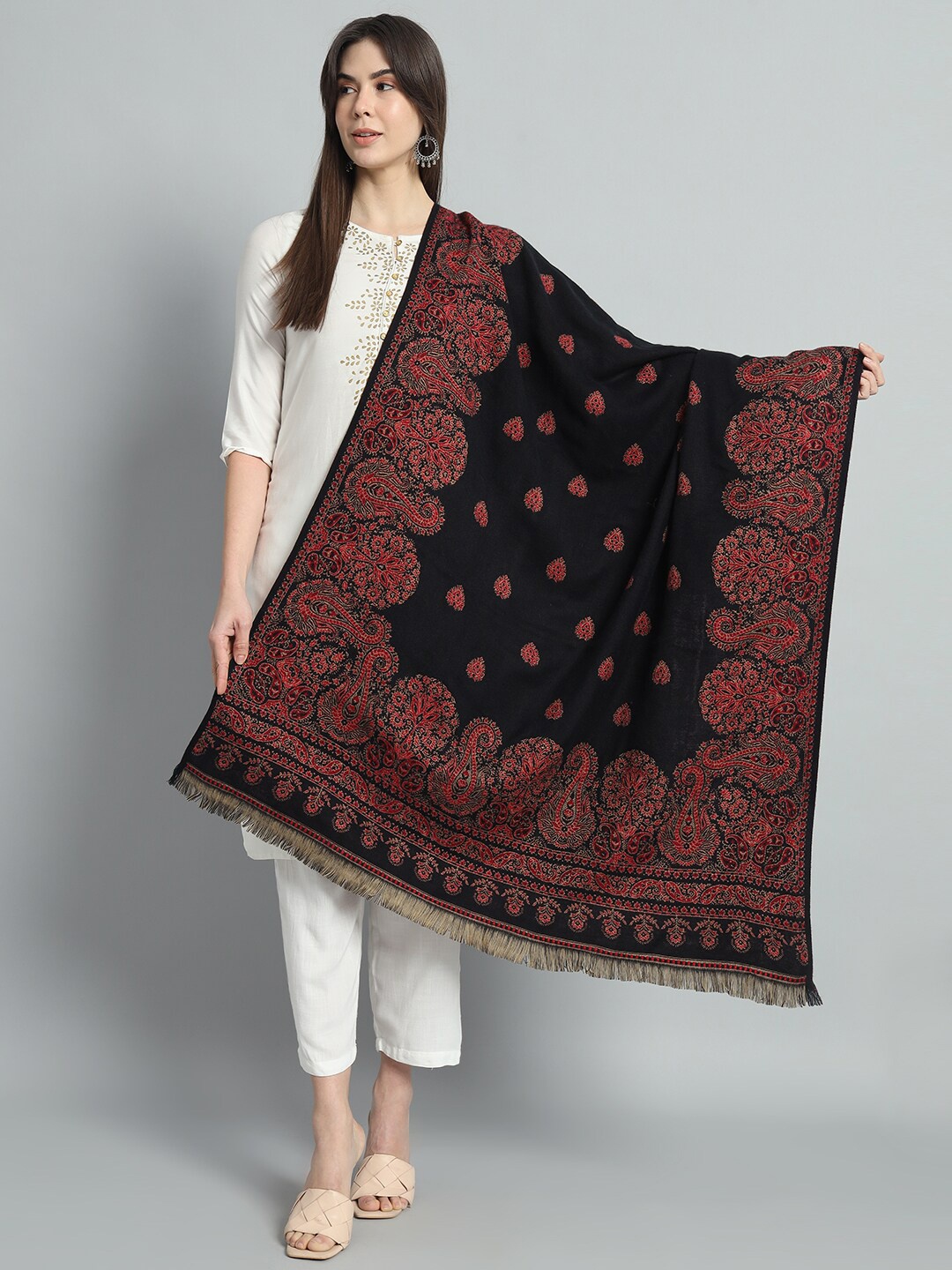 

HANDICRAFT PALACE Paisley Woven Design Jamawar Shawl, Black
