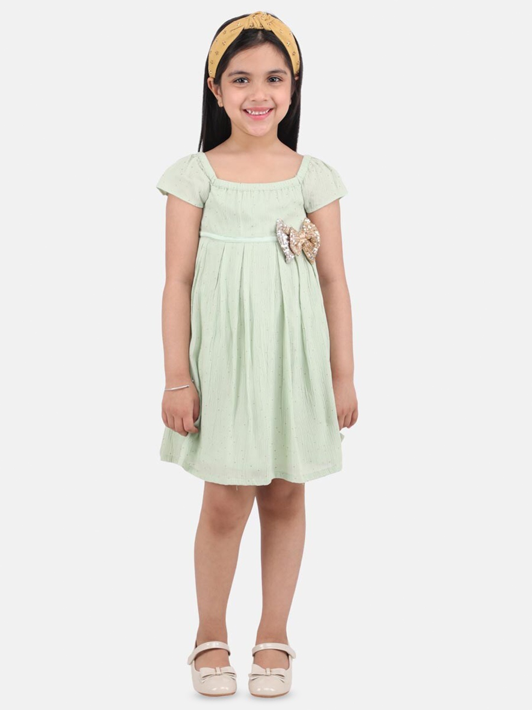 

One Friday Girl's Square Neck Short Sleeves A-line Dress, Green