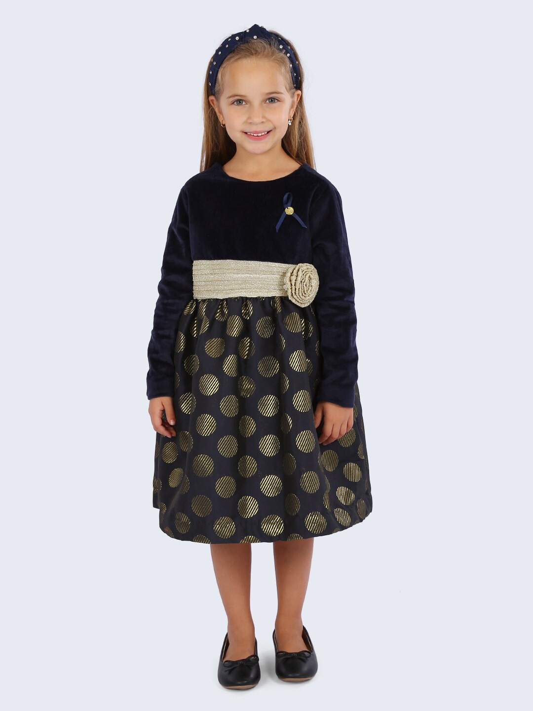 

One Friday Kids Girls Round Neck Long Sleeves Polka Dot Print A-line Dress, Navy blue