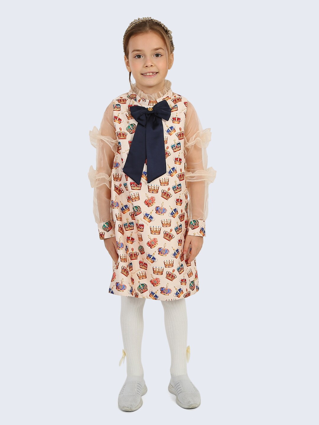 

One Friday Round Neck Girls Printed Dress, Cream