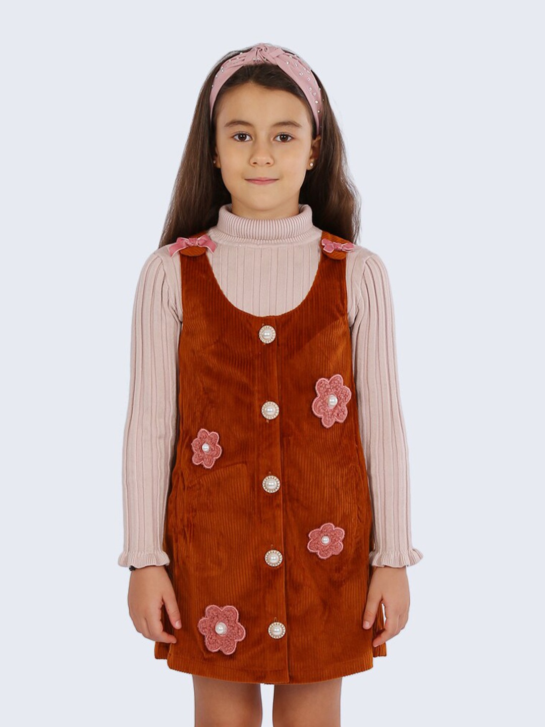 

One Friday Round Neck Self Design Girls Dress, Brown