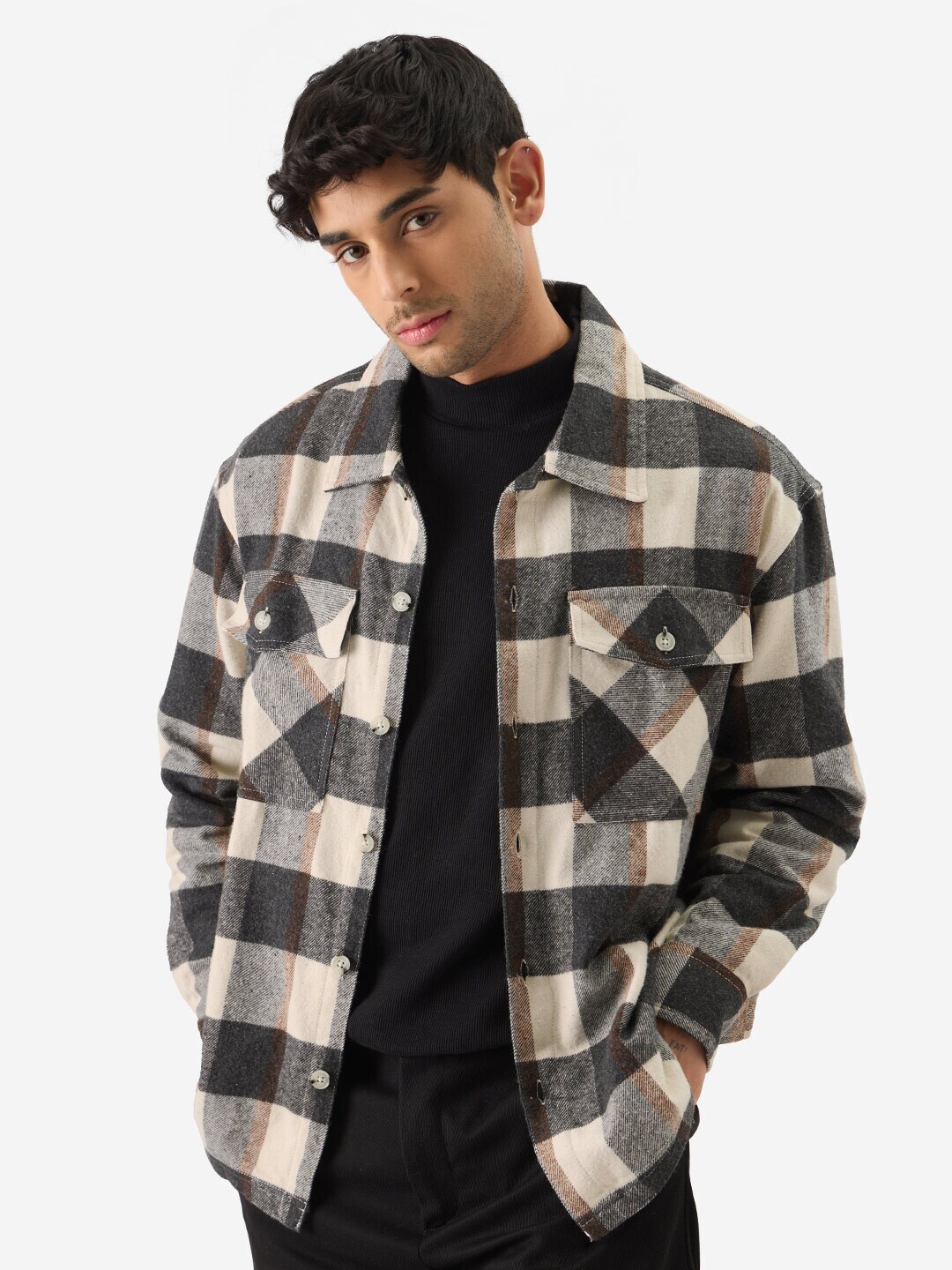 

The Souled Store Tartan Checks Opaque Checked Cotton Casual shacket, Black