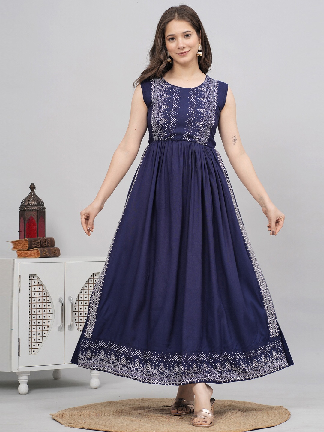 

DK FAB Women Blue Printed Pleated Kurta with Trousers